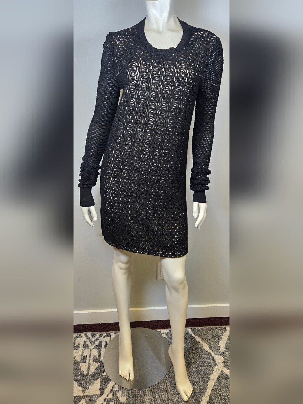 Diane von Furstenberg Black Lace Detail Long Sleeve Fitted Dress Size S (Estimat